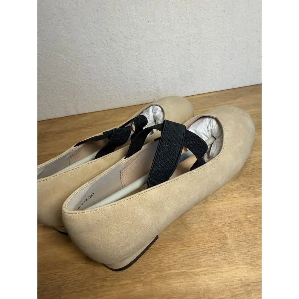 Pandaninjia Girls Ballet Flats Nude Nubuck Elastic Strap Shoes US Big Kid 5 New